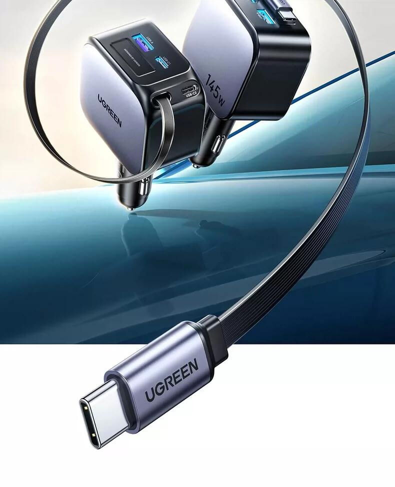 UGREENEC604 sada autonabíjačky s portami 2x USB-C/USB-A a výsuvného kábla USB-C - 145W - 70 cm - šedá