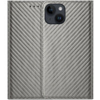 Flipové puzdro so vzorom karbónových vlákien pre iPhone 13 mini - sivé
