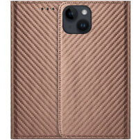 Flipové puzdro so vzorom karbónových vlákien pre iPhone 14 - hnedé