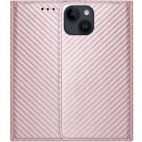 Flipové puzdro so vzorom karbónových vlákien pre iPhone 14 Plus - ružovo-zlaté
