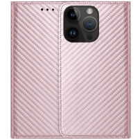 Flipové puzdro so vzorom karbónových vlákien pre iPhone 13 Pro Max - ružovo-zlaté