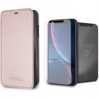 Guess Bundle puzdro a&nbsp;tvrdené sklo pre iPhone XR – ružovo-zlaté