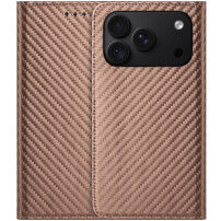 Flipové púzdro so vzorom karbónových vlákien pre iPhone 17 Pro / 18 Pro - hnedé