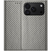 Flipové púzdro so vzorom karbónových vlákien pre iPhone 17 Pro / 18 Pro - sivé