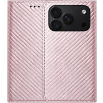 Flipové púzdro so vzorom karbónových vlákien pre iPhone 17 Pro / 18 Pro - ružové