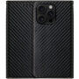 Flipové púzdro so vzorom karbónových vlákien pre iPhone 15 Pro - čierne