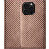 Flipové púzdro so vzorom karbónových vlákien pre iPhone 15 Pro - hnedé