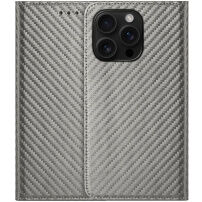 Flipové púzdro so vzorom karbónových vlákien pre iPhone 15 Pro - sivé