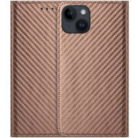 Flipové púzdro so vzorom karbónových vlákien pre iPhone 15 - hnedé