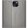 Flipové púzdro so vzorom karbónových vlákien pre iPhone 15 - sivé