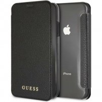 Guess Iridescent Book kožené flipové puzdro pre iPhone XR – čierne